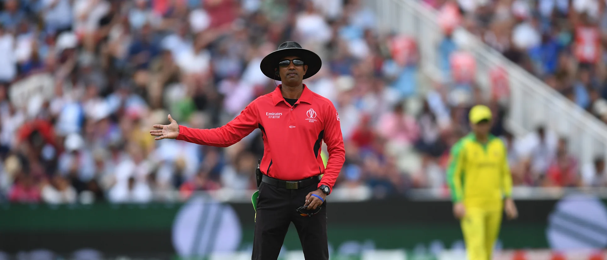 Logo of Umpire Dharmasena signals a no ball during the Semi-Final match of the ICC Cricket World Cup 2019 between Australia and England at Edgbaston on July 11, 2019 in Birmingham, England.