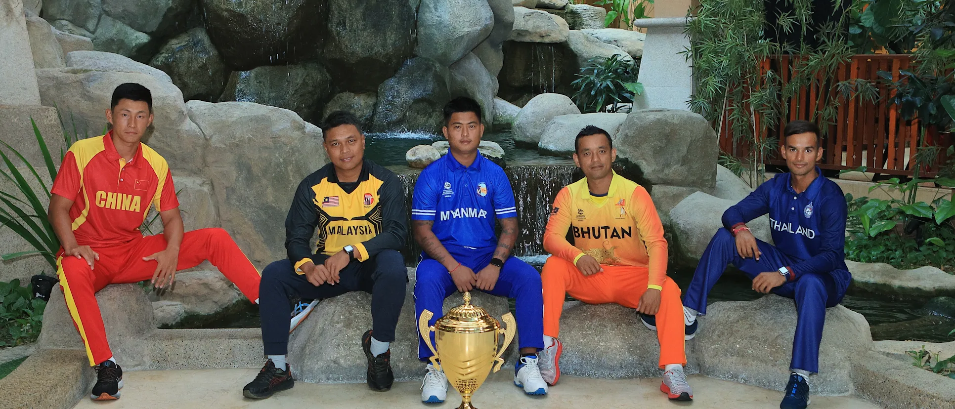Logo of Captains pose with the trophy ahead of the ICC Men’s T20 World Cup Asia Qualifier B