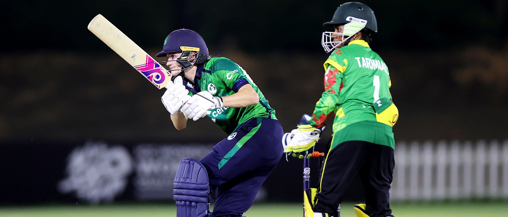 Logo of Gaby Lewis of Ireland bats during the ICC Women's T20 World Cup Qualifier 2024 match between Vanuatu and Ireland at Tolerance Oval on May 01, 2024 in Abu Dhabi, United Arab Emirates.