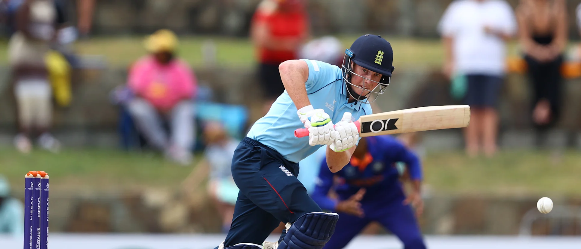 Logo of James Rew of England plays the ball through midwicket during the ICC U19 Men's Cricket World Cup Final match between England and India at Sir Vivian Richards Stadium on February 05, 2022 in Antigua, Antigua and Barbuda.