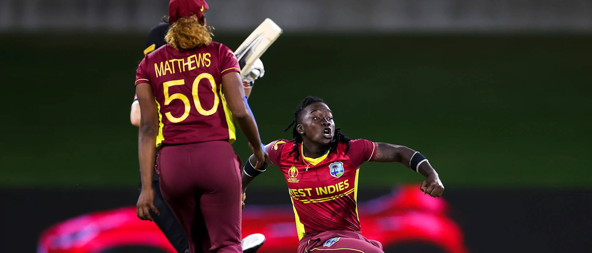 Logo of Deandra Dottin of the West Indies celebrates after taking the wicket of Katey Martin of New Zealand during the 2022 ICC Women's Cricket World Cup match between New Zealand and the West Indies at Bay Oval on March 04, 2022 in Tauranga, New Zealand.