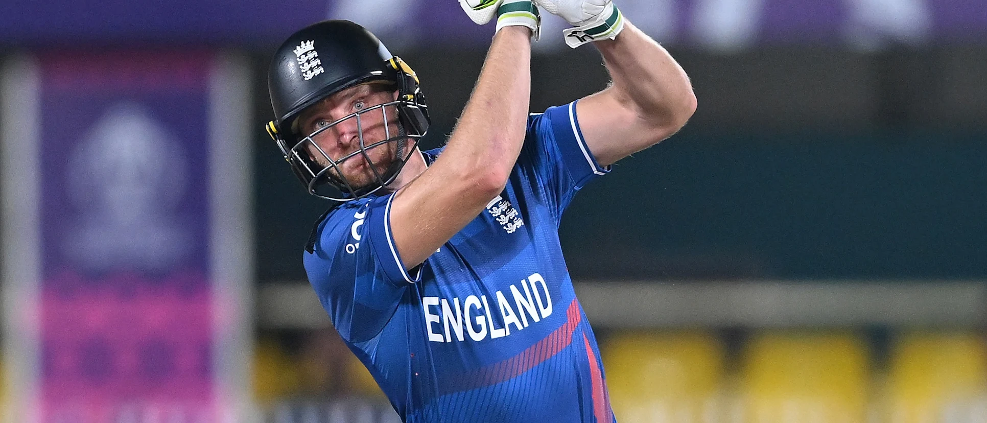 Logo of Jos Buttler of England bats during the ICC Men's Cricket World Cup India 2023 warm up match between England and Bangladesh