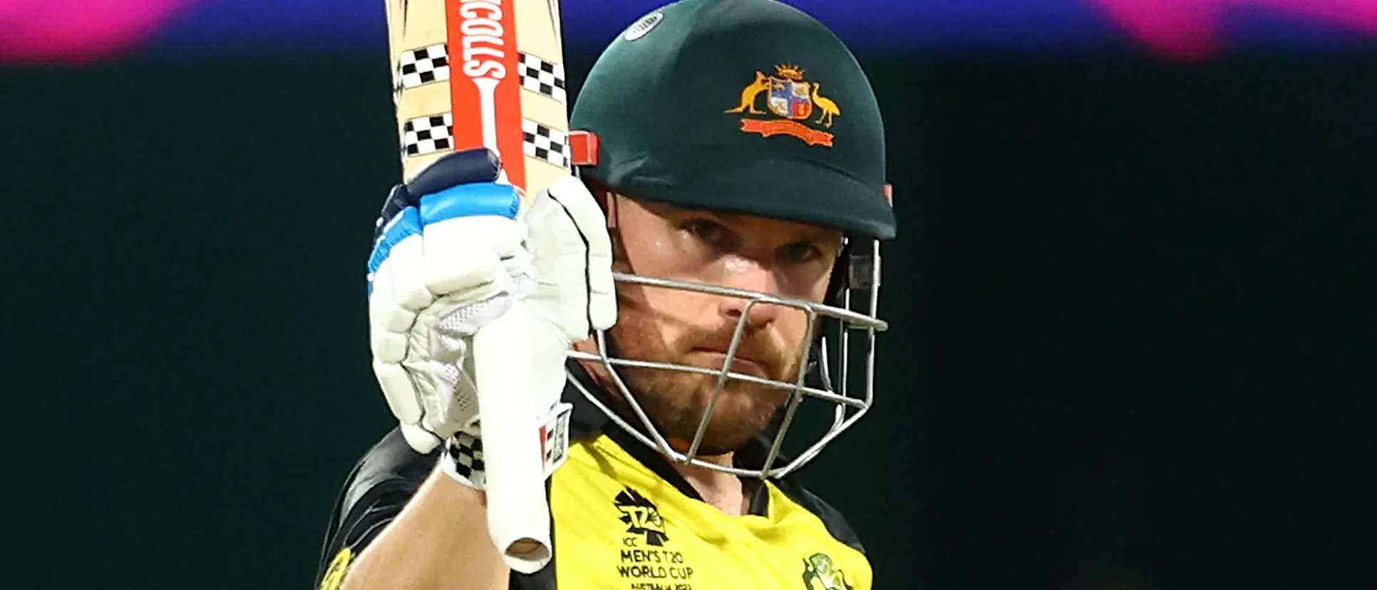 Logo of Aaron Finch of Australia celebrates reaching a half century during the ICC Men's T20 World Cup match between Australia and Ireland 1920x1080