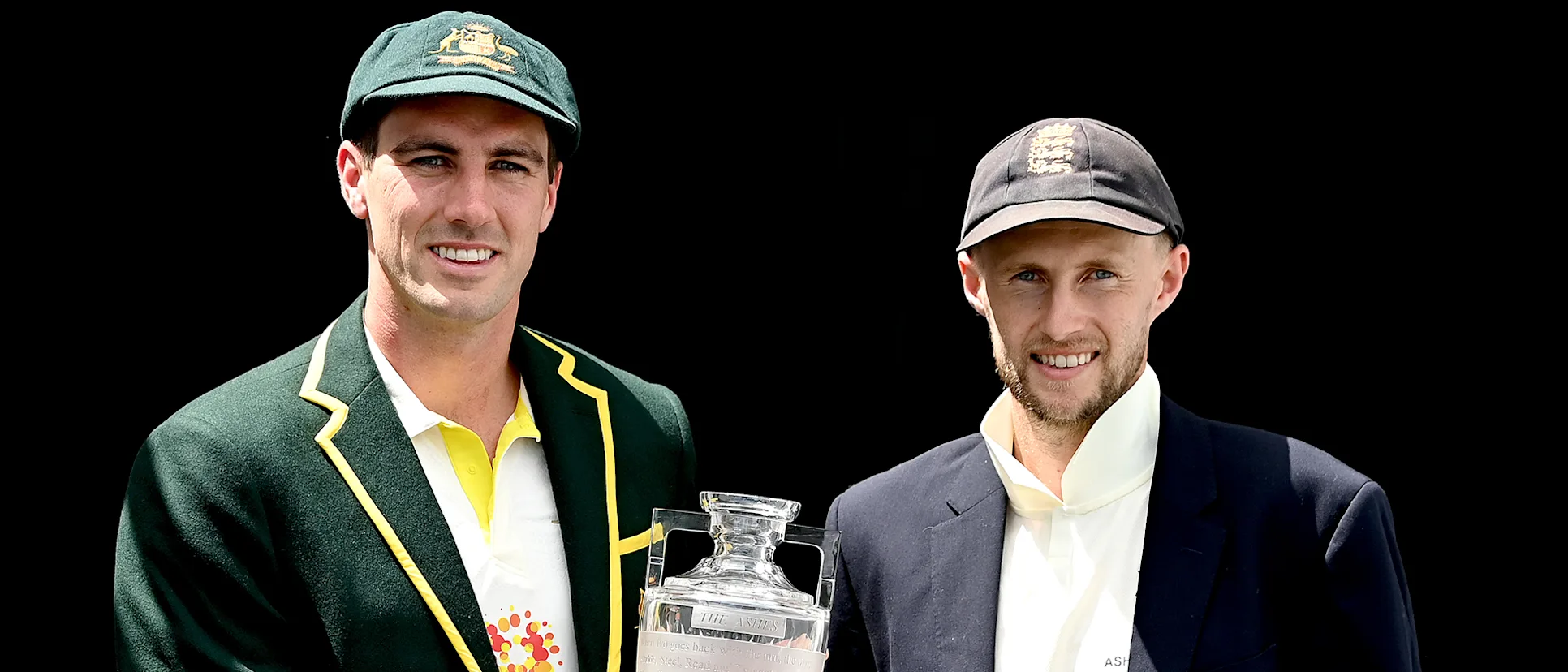 Logo of Patrick Cummins and Joe Root ahead of the Ashes