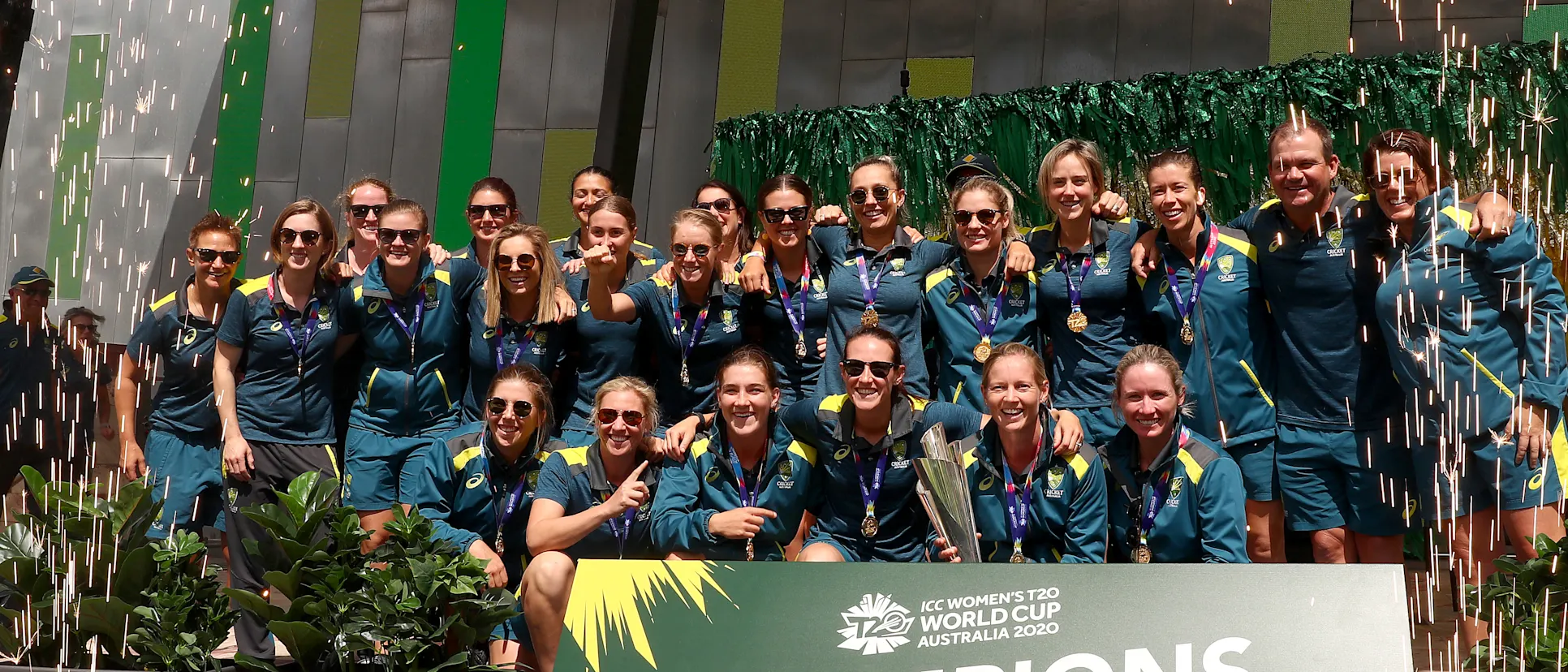 Logo of The Australian Women's T20 World Cup team celebrate after winning the ICC Women's T20 World Cup Final, at Federation Square on March 09, 2020 in Melbourne, Australia.
