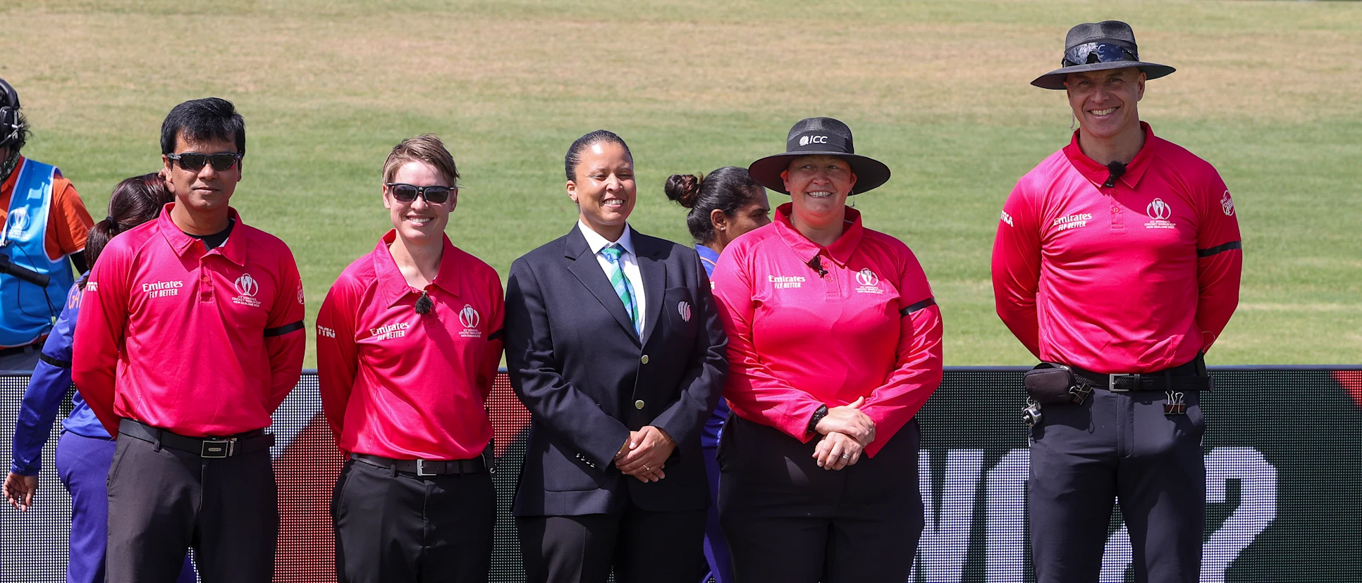 Umpires and match officials look on during the 2022 ICC Women's Cricket World Cup match between Pakistan and India at Bay Oval on March 06, 2022 in Tauranga, New Zealand.