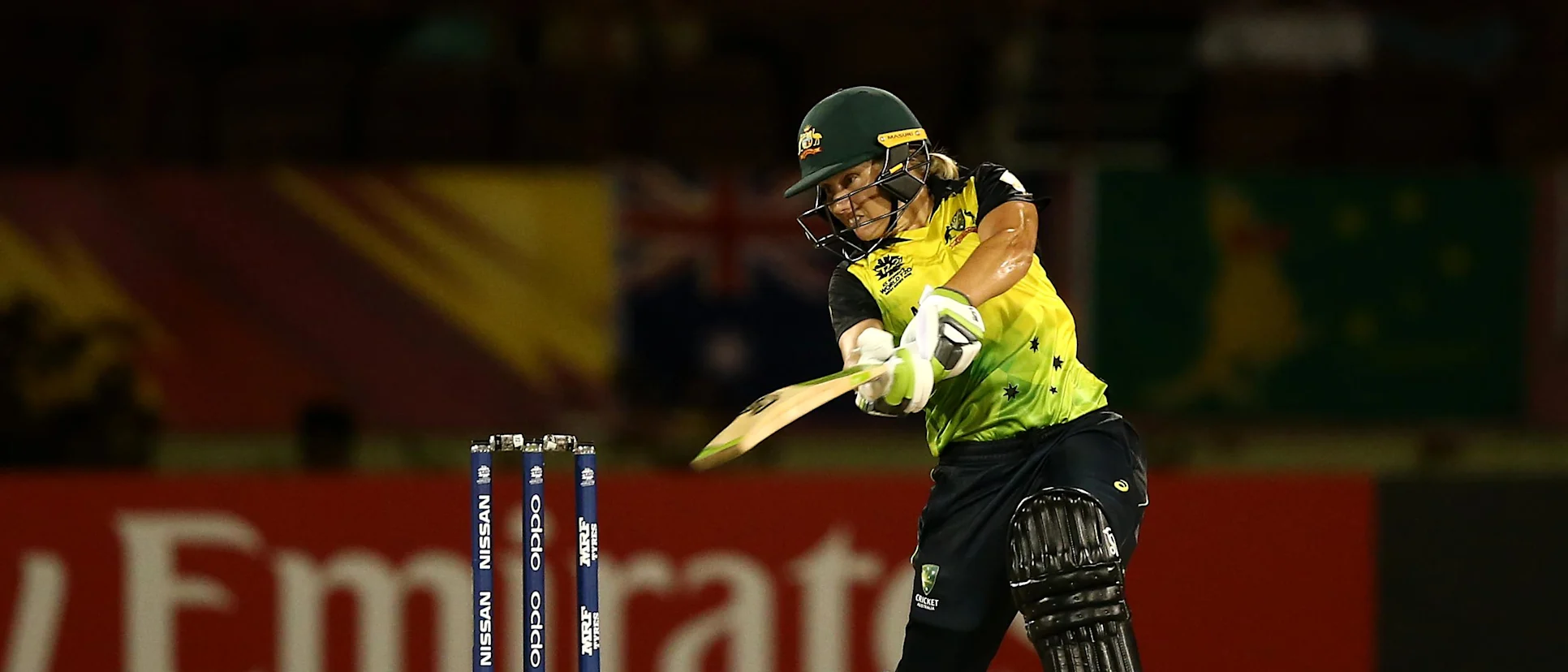 Logo of Alyssa Healy of Australia bats during the ICC Women's World T20 2018 match between Australia and New Zealand at Guyana National Stadium on November 13, 2018 in Providence, Guyana.