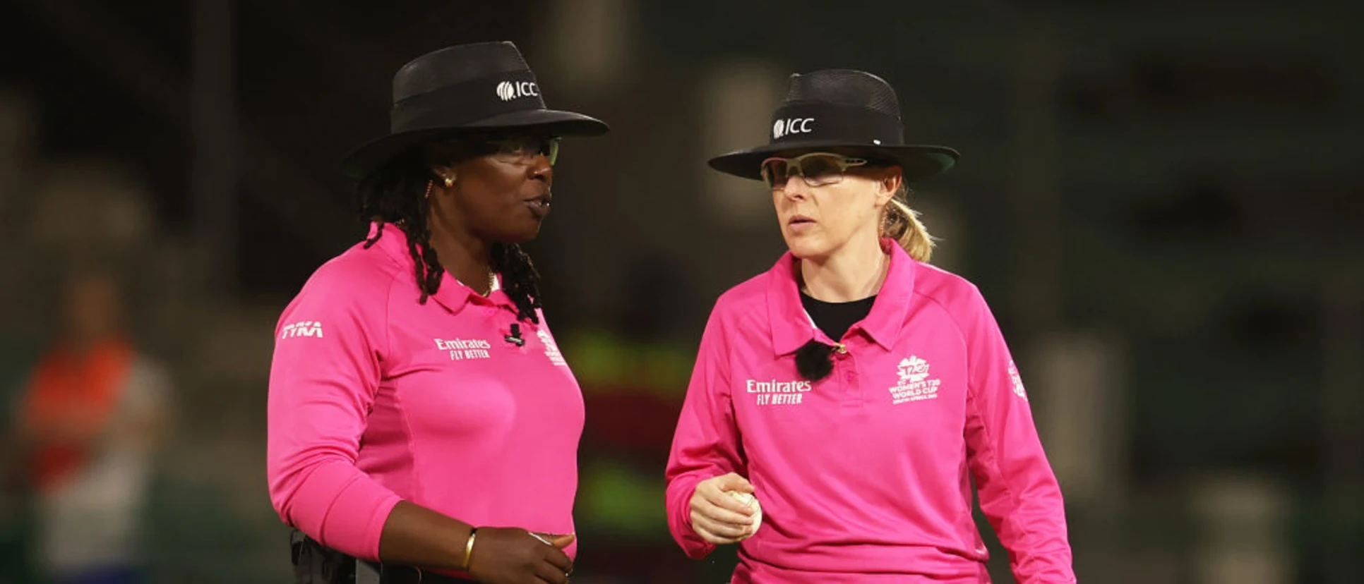 Logo of Match Umpires Jacqueline Williams and Kim Cotton interact during the ICC Women's T20 World Cup group A match between Australia and Bangladesh at St George's Park on February 14, 2023 in Gqeberha, South Africa.
