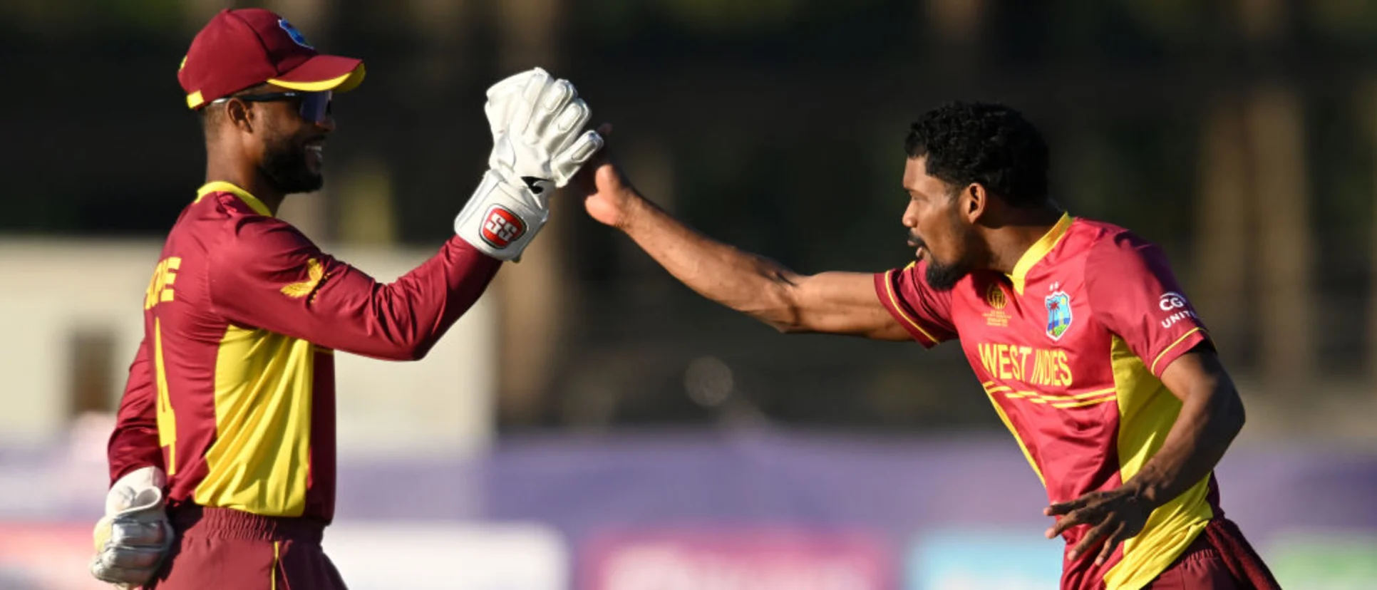 Logo of Keemo Paul of West Indies celebrates the wicket of Gulshan Jha of Nepal with team mate Shai Hope during the ICC Men's Cricket World Cup Qualifier Zimbabwe 2023 match between the West Indies and Nepal at Harare Sports Club on June 22, 2023.