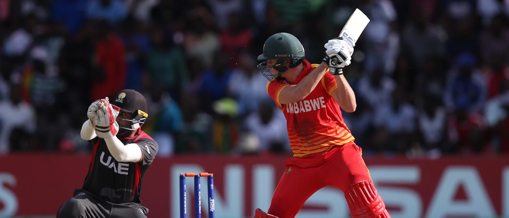 Logo of Peter Moor of Zimbabwe scores runs during The ICC Cricket World Cup Qualifier between the UAE and Zimbabwe at The Harare Sports Club on March 22, 2018 in Harare, Zimbabwe (©ICC).