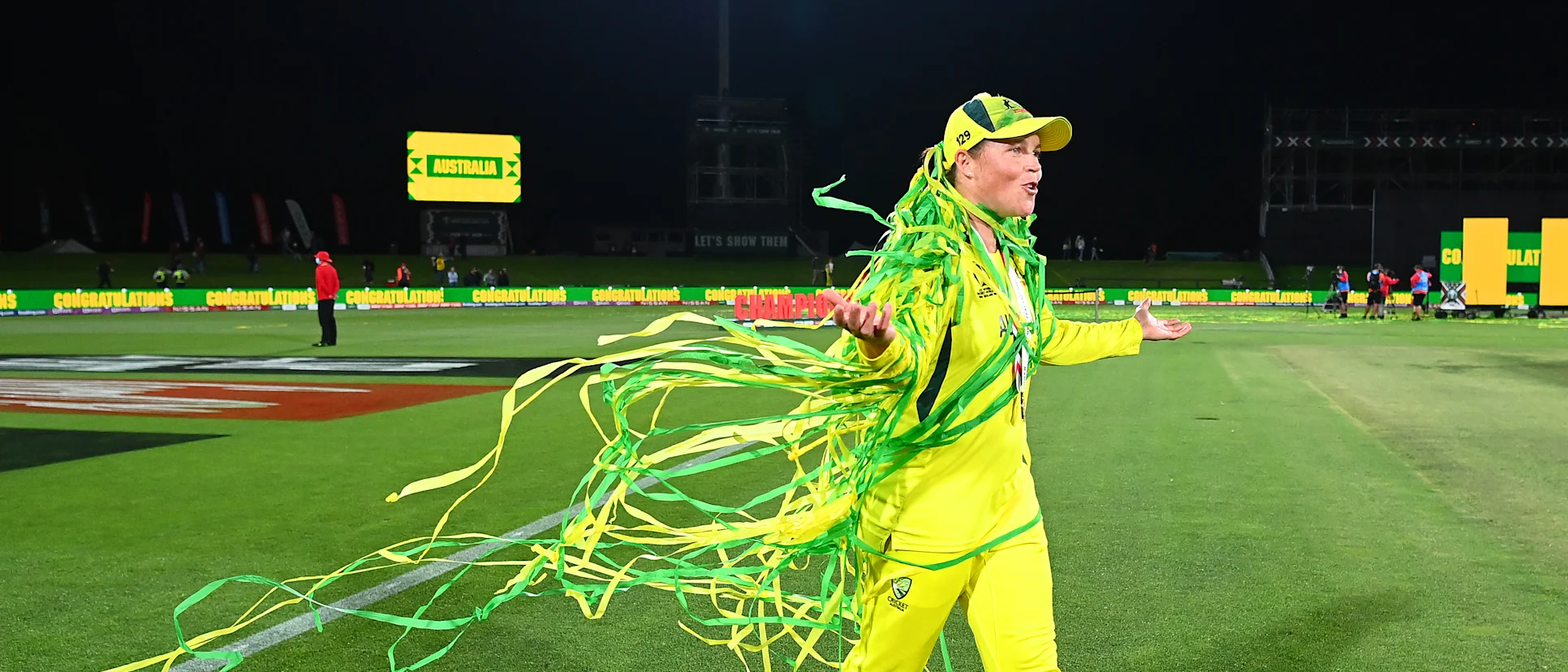 Grace Harris of Australia celebrates after Australia won the 2022 ICC Women's Cricket World Cup Final match between Australia and England at Hagley Oval on April 03, 2022 in Christchurch, New Zealand.