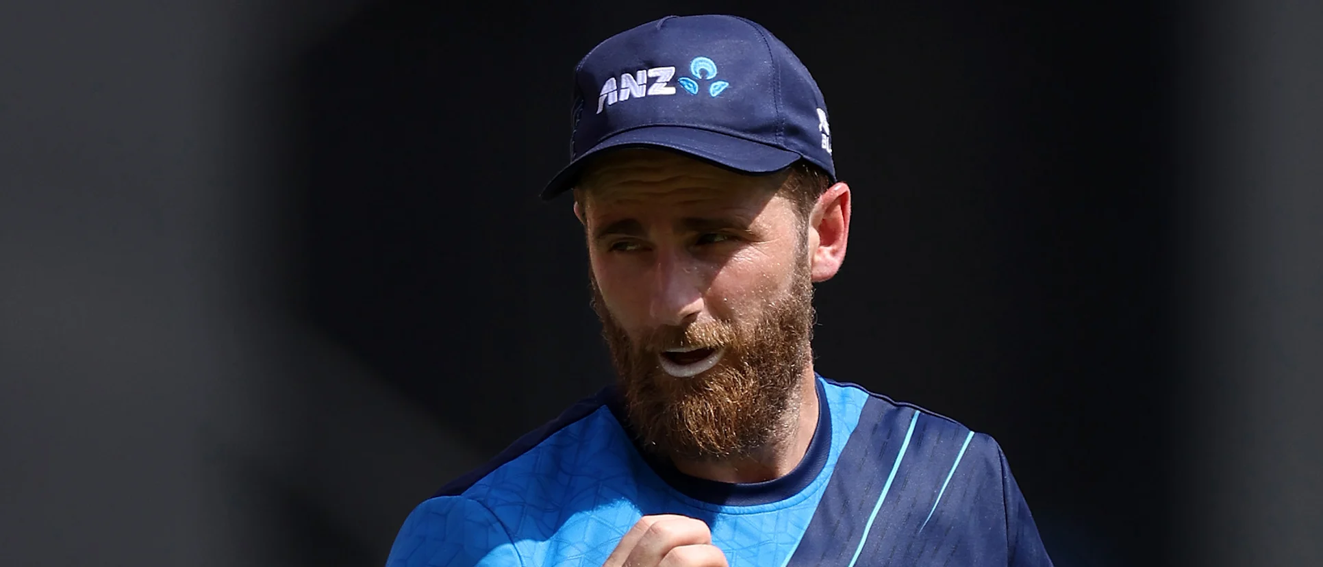 Logo of Kane Williamson of New Zealand warms up during the ICC Men's Cricket World Cup India 2023 England & New Zealand Net Sessions at Narendra Modi Stadium