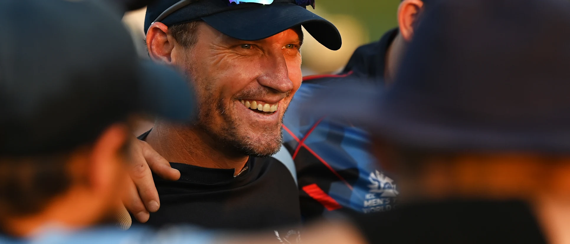 Logo of Pierre de Bruyn, Head Coach of Namibia looks on ahead of the ICC Men's T20 World Cup match between Scotland and Namibia at Sheikh Zayed stadium on October 27, 2021 in Abu Dhabi, United Arab Emirates.