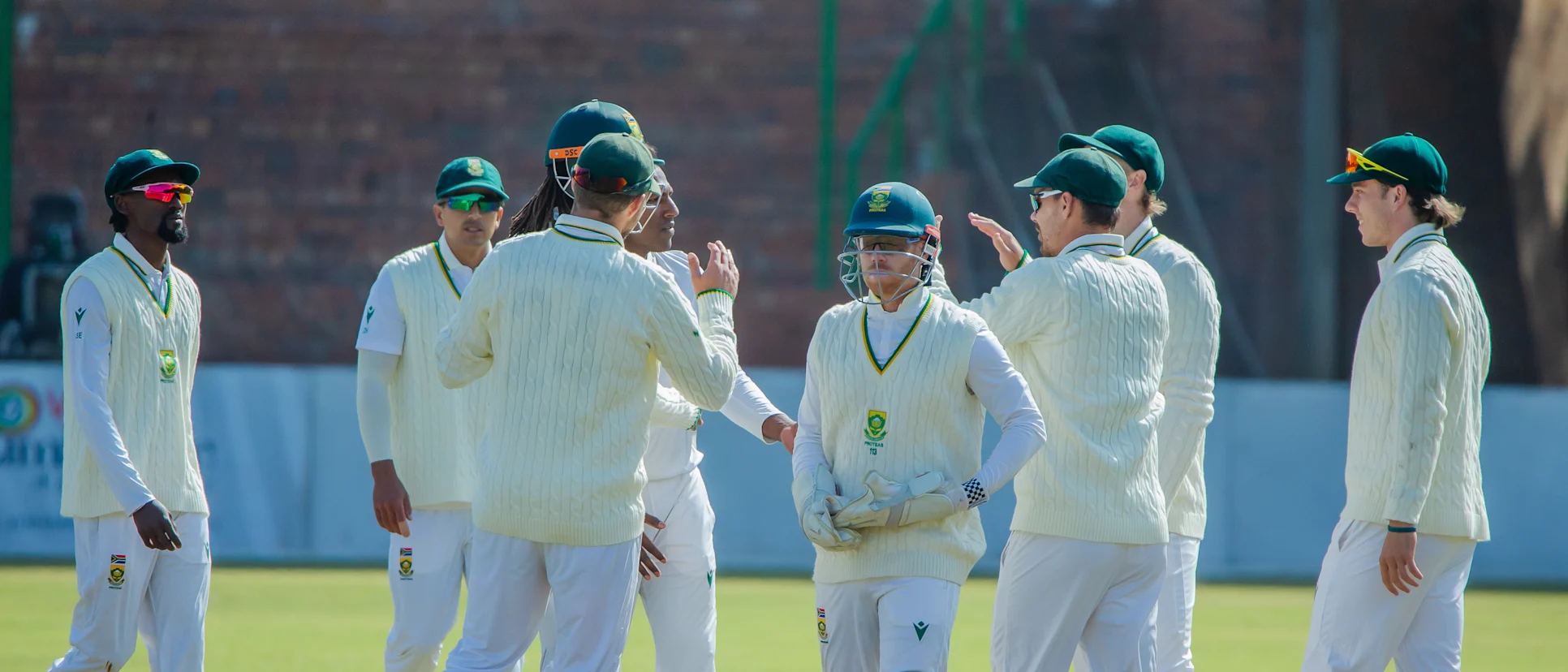 South African team celebrates after taking a wicket