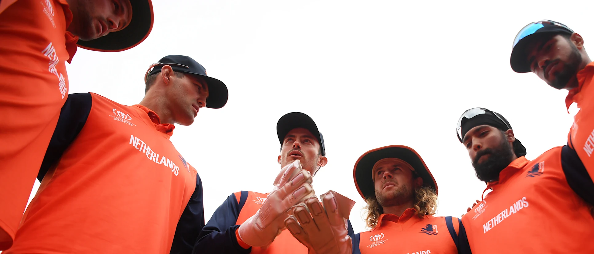 Logo of Scott Edwards of Netherlands speaks to their side in the huddle during the ICC Men's Cricket World Cup Qualifier Zimbabwe 2023 Super 6 match between Netherlands and Oman