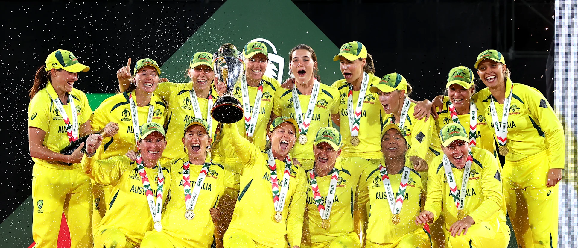 Logo of Australia celebrate with the trophy after winning the 2022 ICC Women's Cricket World Cup Final match between Australia and England at Hagley Oval on April 03, 2022 in Christchurch, New Zealand.