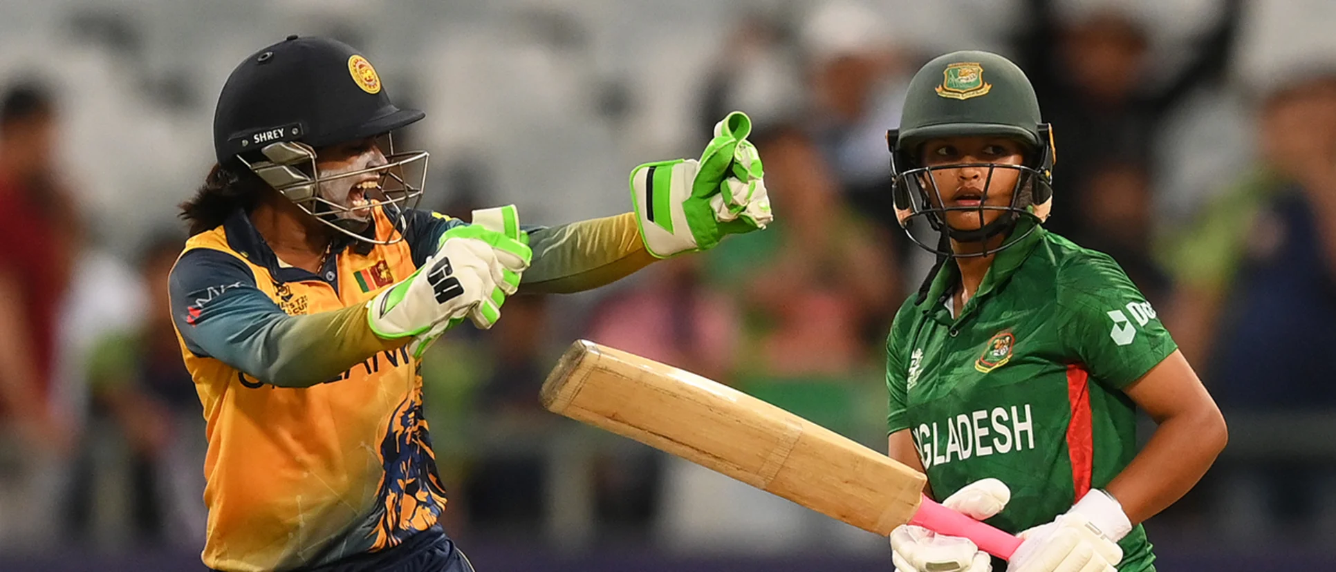 Logo of Anushka Sanjeewani of Sri Lanka celebrates the wicket of Sobhana Mostary of Bangladesh during the ICC Women's T20 World Cup group A match between Bangladesh and Sri Lanka at Newlands Stadium on February 12, 2023 in Cape Town, South Africa.