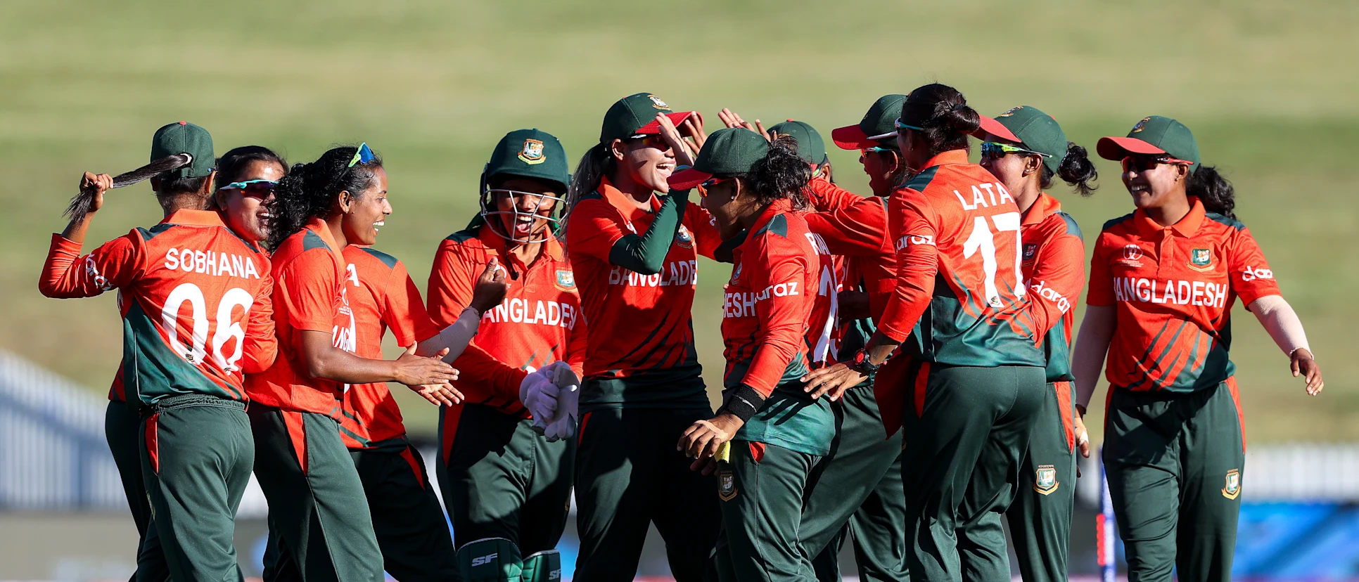 Logo of Bangladesh celebrate the win during the 2022 ICC Women's Cricket World Cup match between Pakistan and Bangladesh at Seddon Park on March 14, 2022 in Hamilton, New Zealand.