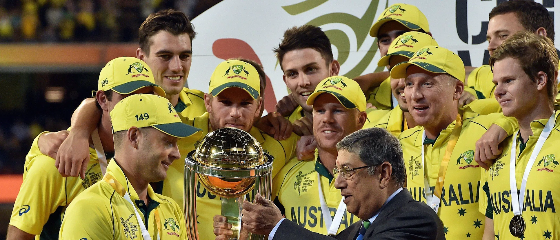 Logo of Australia lifting the ICC Cricket World Cup trophy in 2015.