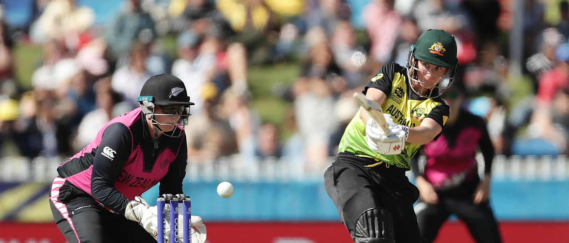 Logo of Beth Mooney of Australia bats during the ICC Women's T20 Cricket World Cup match between Australia and New Zealand at Junction Oval on March 02, 2020 in Melbourne, Australia.