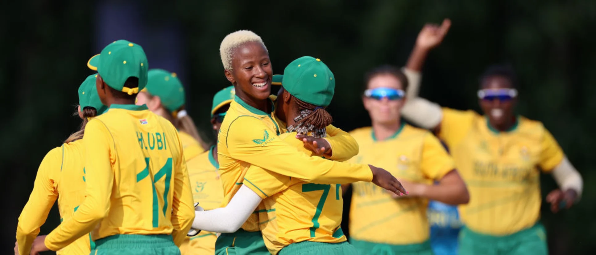 Logo of Players of South Africa celebrate the wicket of Vidushika Perera of Sri Lanka during the ICC Women's U19 T20 World Cup 2023 Super 6 match between South Africa and Sri Lanka at North-West University Oval on January 24, 2023 in Potchefstroom, South Africa.