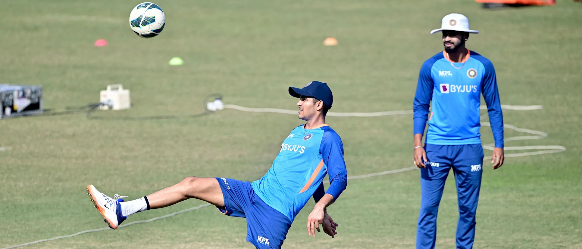 Logo of Shubman Gill shows off his football skills at training
