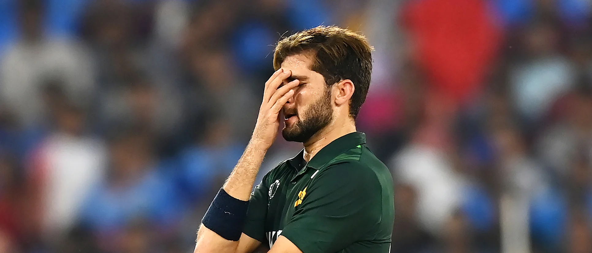 Logo of Shaheen Afridi of Pakistan reacts during the ICC Men's Cricket World Cup India 2023 between India and Pakistan at Narendra Modi Stadium