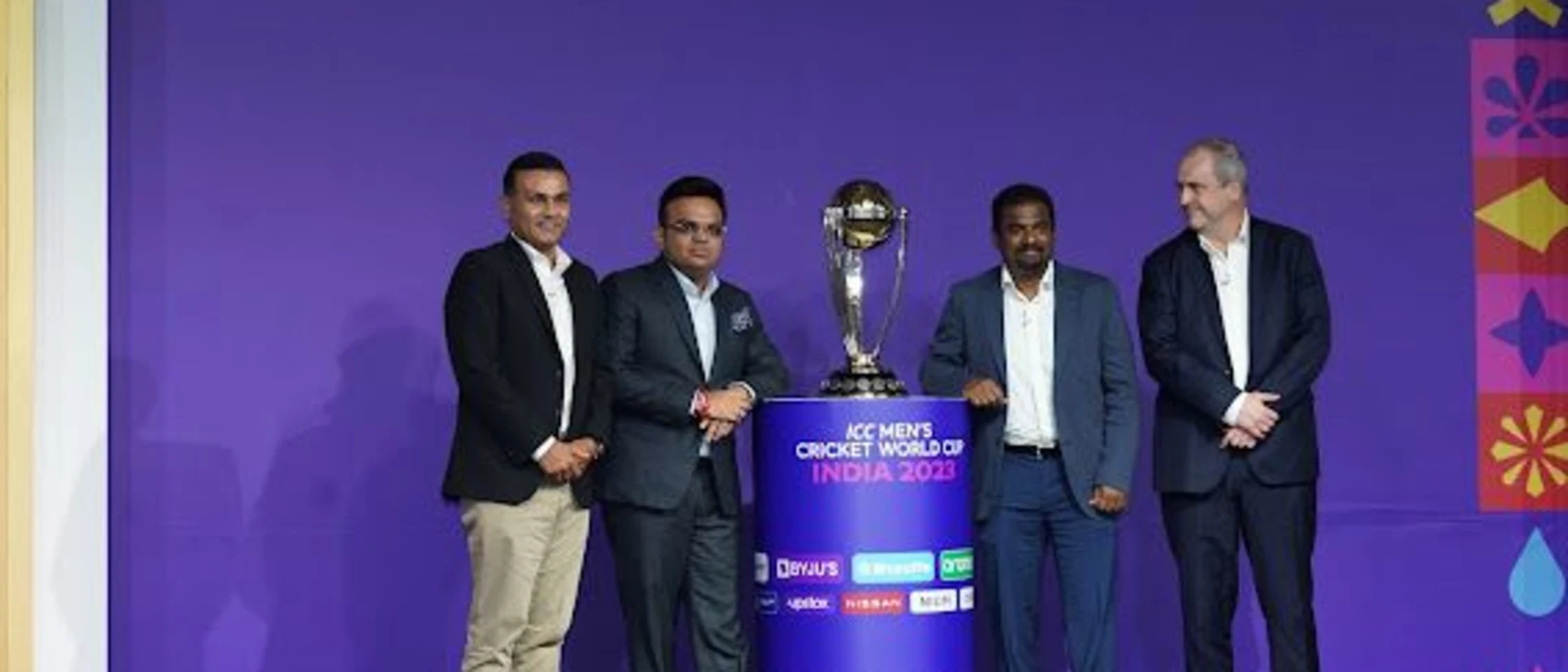 Logo of Virender Sehwag, BCCI Secretary Jay Shah, Muttiah Muralidharan and ICC CEO Geoff Allardice at the #WC2023 event schedule announcement event in Mumbai on Tuesday.