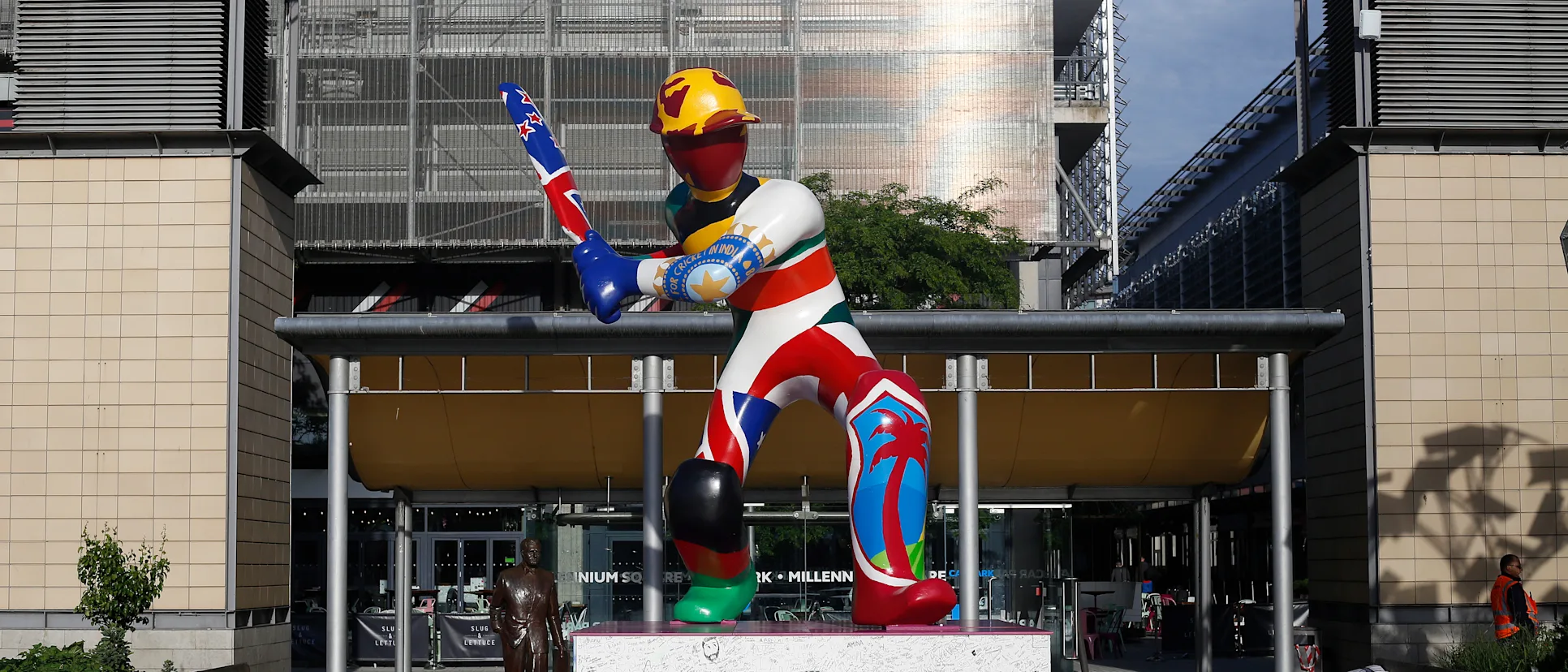 Logo of A general view of a giant cricket statue during the ICC Cricket World Cup 2019 at Millennium Square on June 1, 2019 in Bristol, England.
