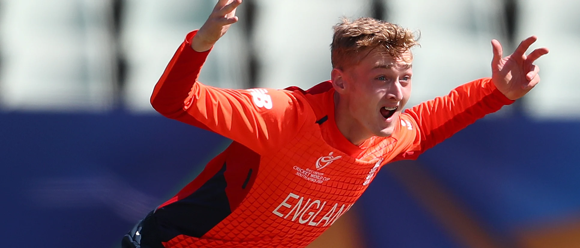 Logo of Lewis Goldsworthy of England celebrates bowling Ahan Sanchitha of Sri Lanka for LBW during the ICC U19 Cricket World Cup Plate Final match between Sri Lanka and England at Willowmoore Park on February 03, 2020 in Benoni, South Africa.