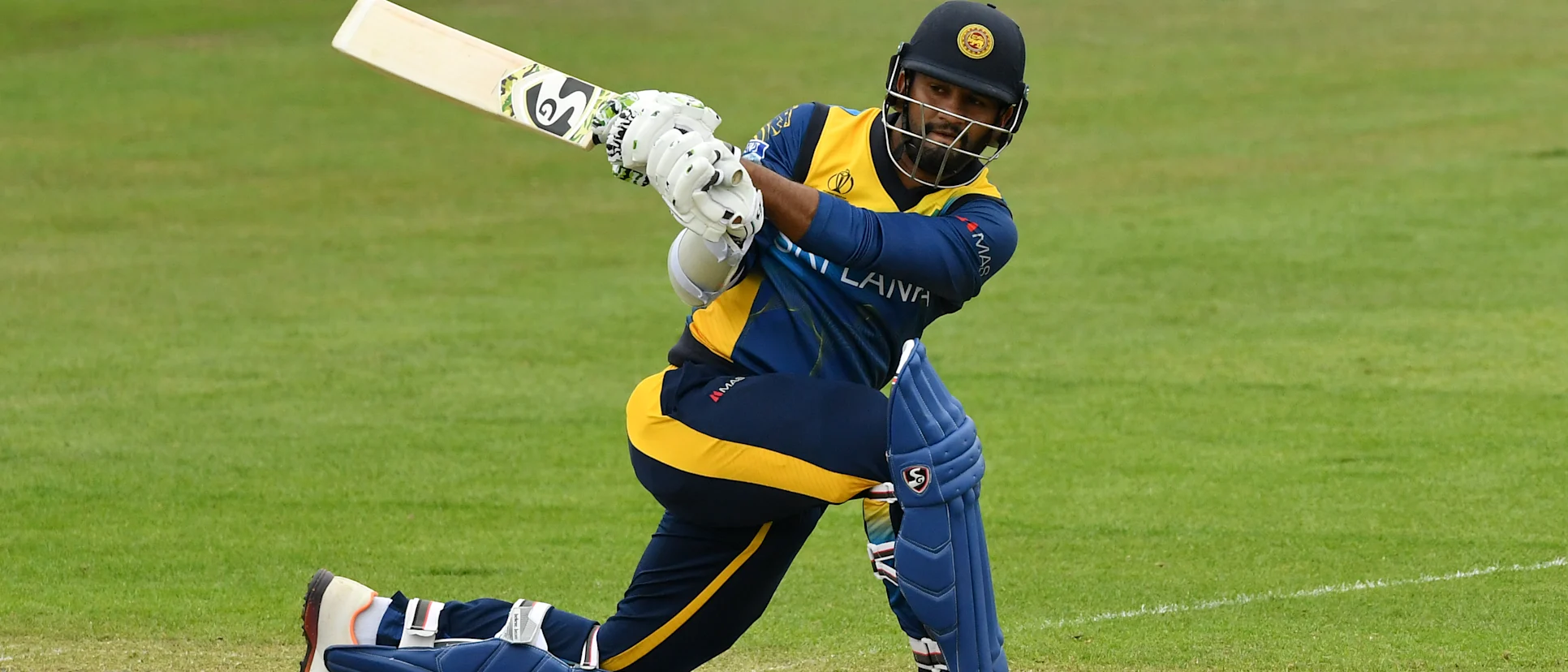 Logo of Dimuth Karunaratne of Sri Lanka bats during the ICC Cricket World Cup 2019 Warm Up match between Sri Lanka and South Africa at Cardiff Wales Stadium on May 24, 2019 in Cardiff, Wales.