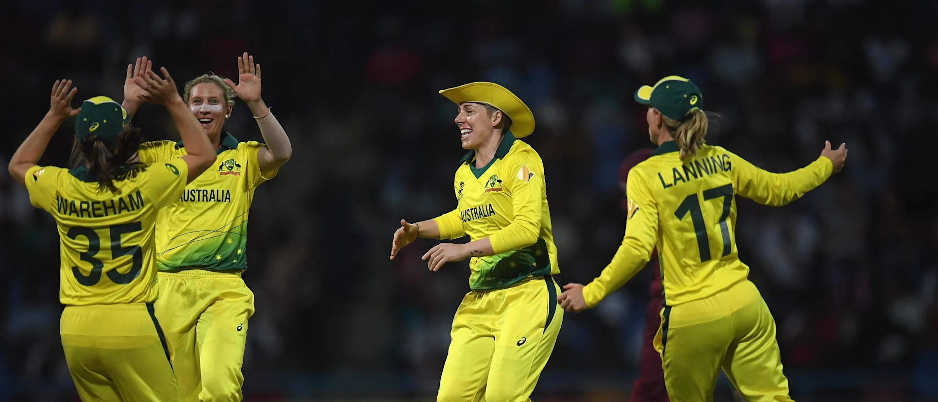 Logo of Delissa Kimmince of Australia(2L) celebrates after dismissing Natasha McLean of West Indies during the ICC Women's World T20 2018 Semi-Final match between West Indies and Australia at Sir Viv Richards Cricket Ground on November 22, 2018 in Antigua.