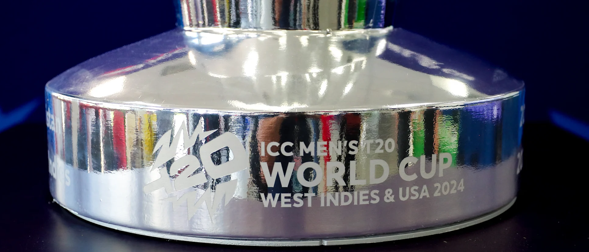 Logo of The ICC Men's T20 World Cup trophy is displayed at Broward Stadium in Lauderhill, Florida.