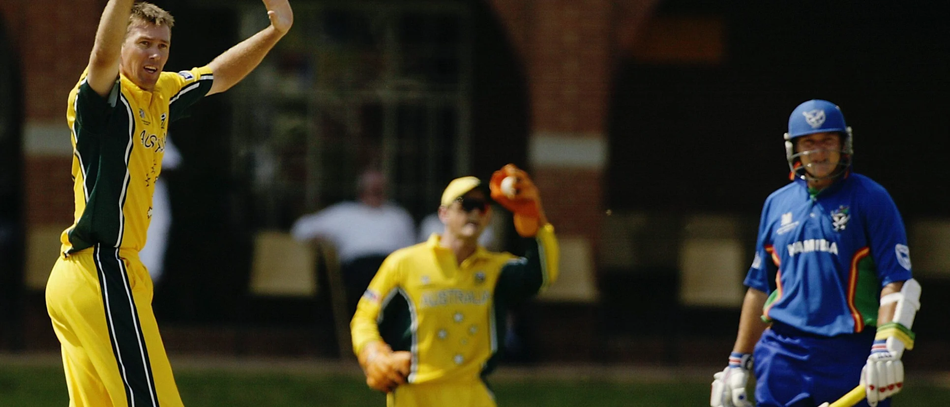 56260 Glenn McGrath of Australia claims the wicket of Morne Karg of Namibia