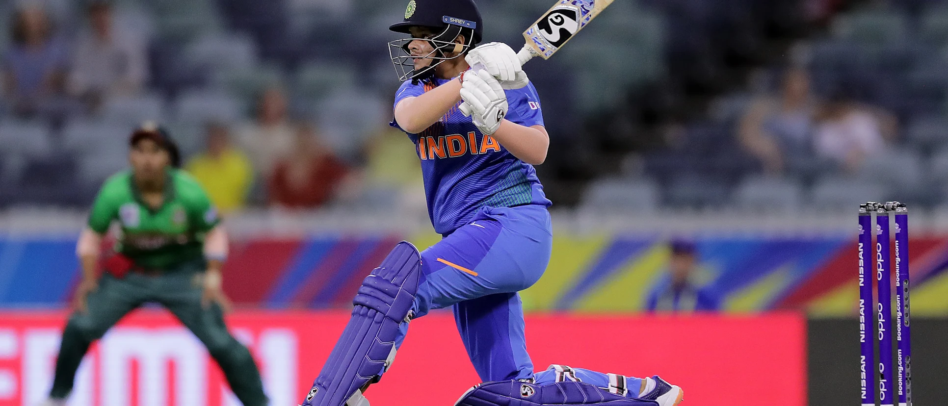 Logo of Shafali Verma of India bats during the ICC Women's T20 Cricket World Cup match between India and Bangladesh at WACA on February 24, 2020 in Perth, Australia.