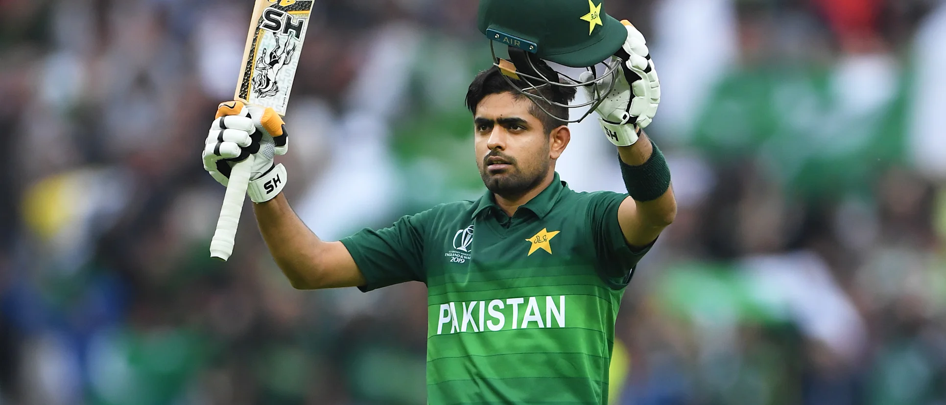 Logo of Babar Azam celebrates his maiden Cricket World Cup century.