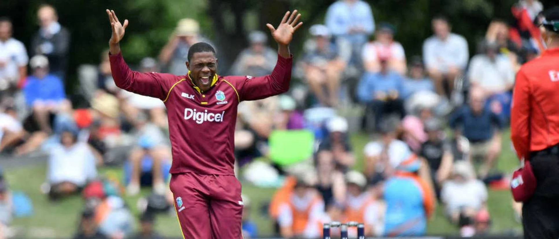 Logo of For Windies, Sheldon Cottrell took 3 for 62.