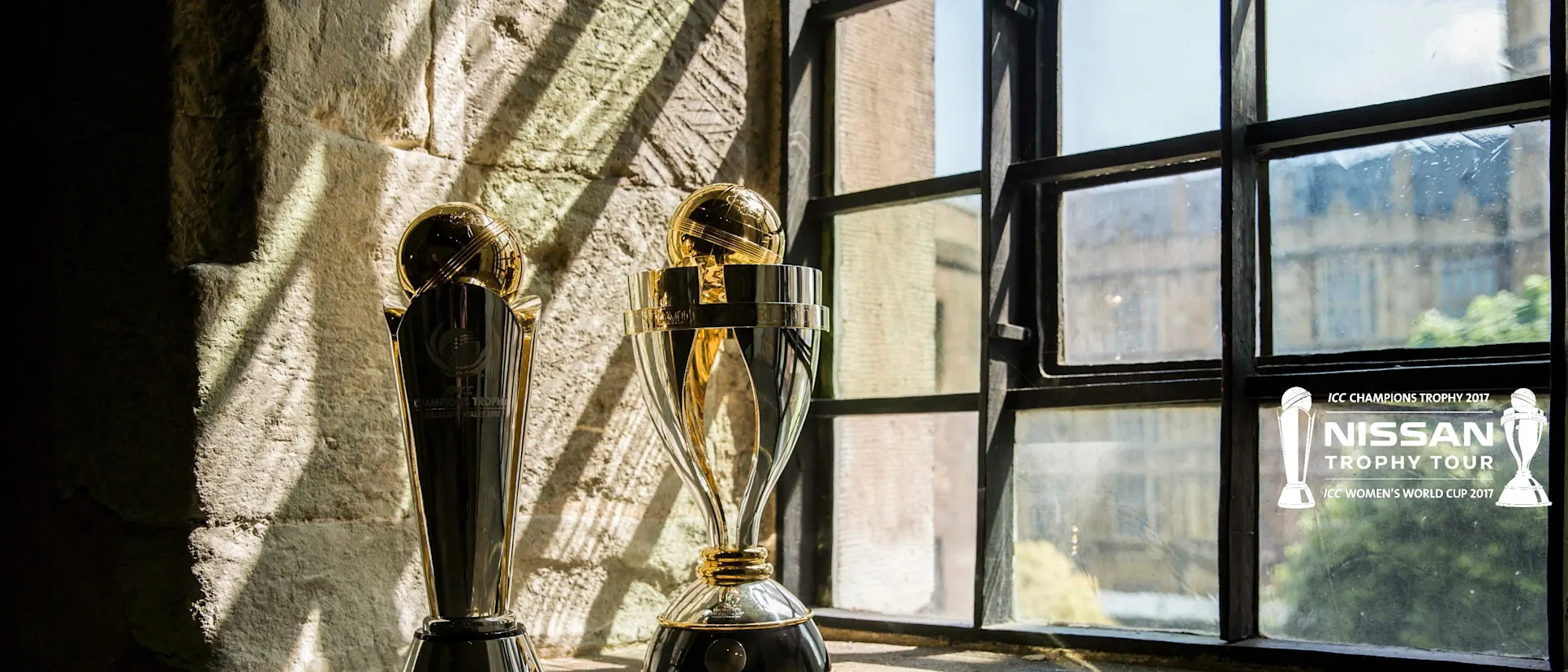 Logo of The ICC Champions Trophy and ICC Women's World Cup Trophy on display at the Nissan Trophy Tour in London