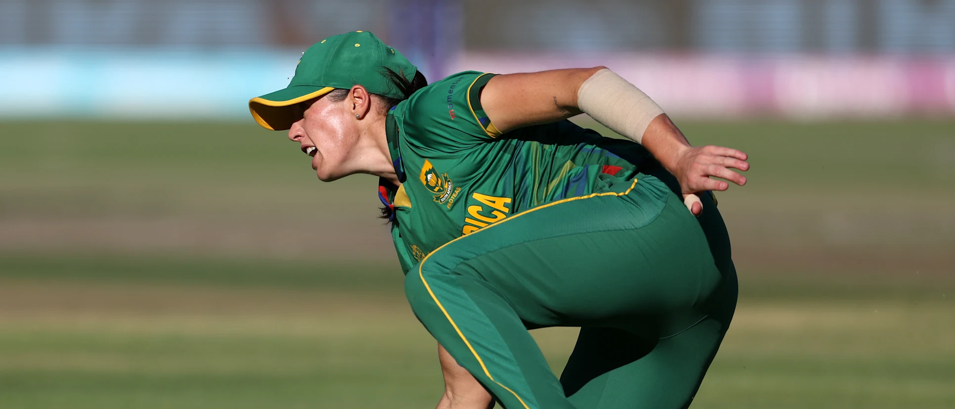 Tazmin Brits of South Africa takes a catch to dismiss Danni Wyatt of England during the ICC Women's T20 World Cup Semi Final match between England and South Africa at Newlands Stadium on February 24, 2023 in Cape Town, South Africa.