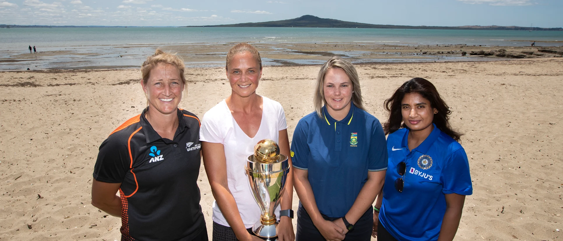 Logo of Cricketers Sophie Devine, Suzie Bates, Dane van Niekerk and Mithali Raj pose together at Auckland’s Kohimarama Beach as part of the ICC Women’s World Cup 2021 Host City Announcement event on Thursday.