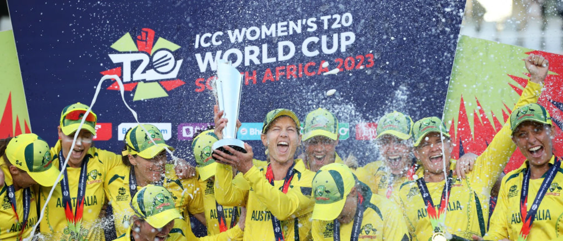 Logo of Meg Lanning of Australia lifts the ICC Women's T20 World Cup following the ICC Women's T20 World Cup Final match between Australia and South Africa at Newlands Stadium on February 26, 2023 in Cape Town, South Africa.