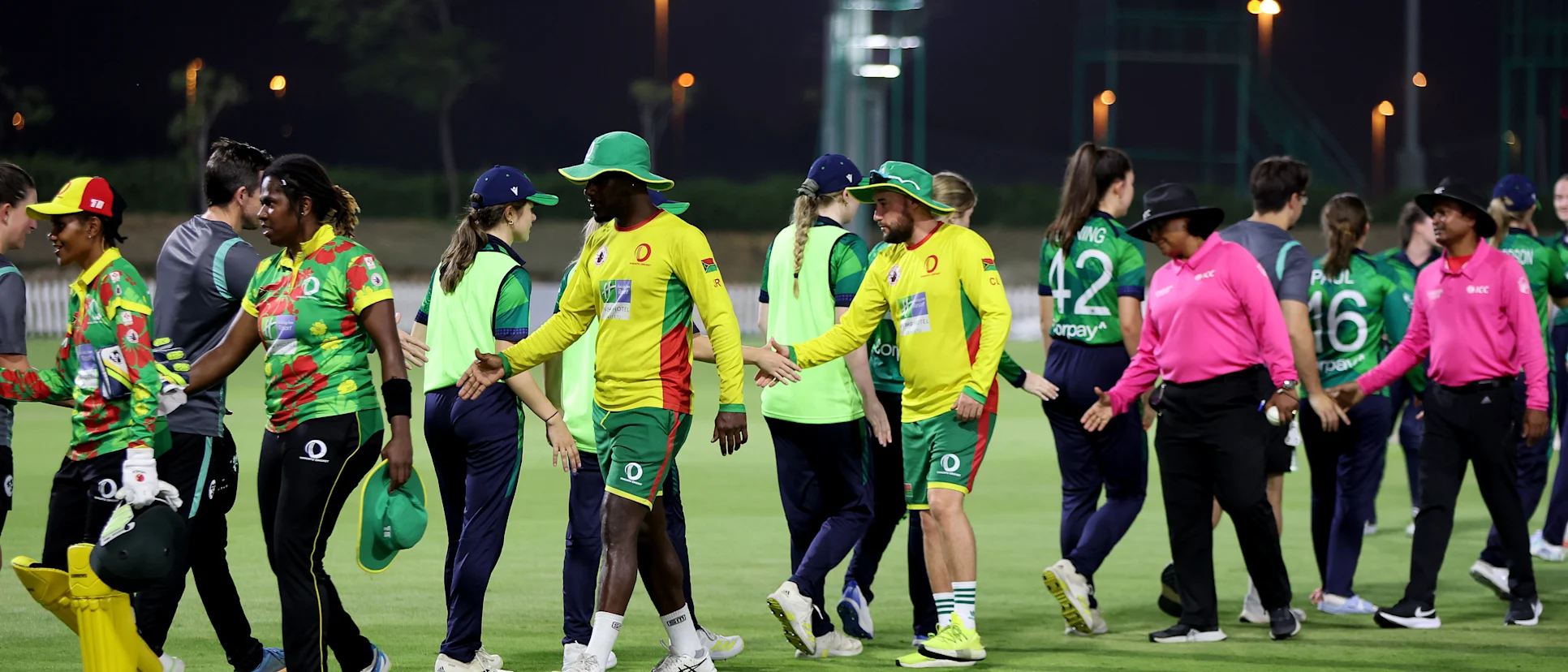 Players of Ireland shake hands with players of Vanuatu after the ICC Women's T20 World Cup Qualifier 2024 match between Vanuatu and Ireland at Tolerance Oval on May 01, 2024 in Abu Dhabi, United Arab Emirates.