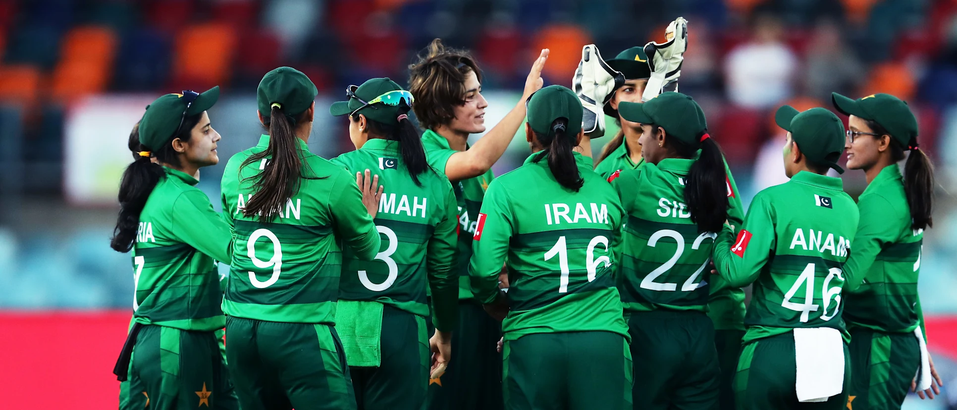 Diana Baig of Pakistan celebrates with team mates after taking the wicket of Lee-Ann Kirby of the West Indies during the ICC Women's T20 Cricket World Cup match between the West Indies and Pakistan at Manuka Oval on February 26, 2020.