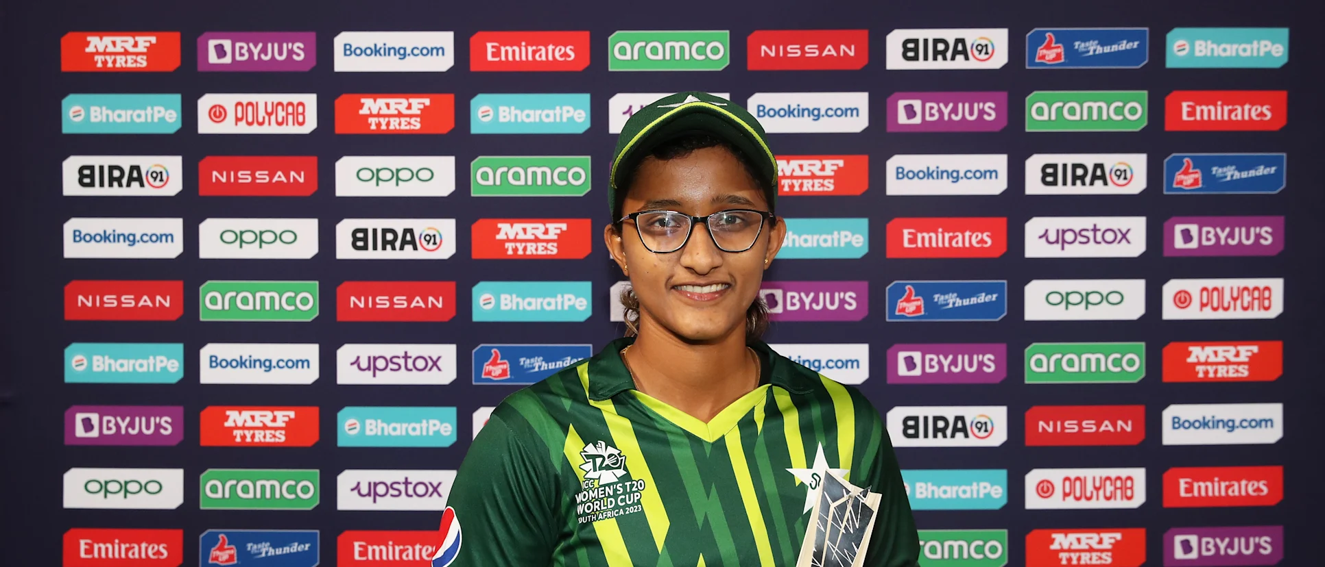 Logo of Muneeba Ali of Pakistan poses after being named Player of the Match following  the ICC Women's T20 World Cup group B match between Pakistan and Ireland at Newlands Stadium on February 15, 2023 in Cape Town, South Africa.