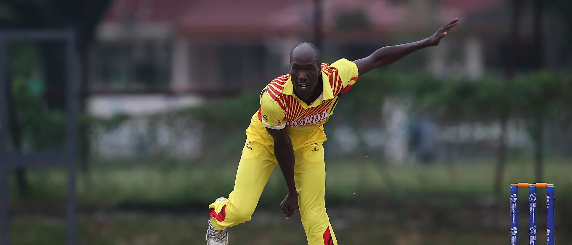 Logo of Frank Nsubuga of Uganda bowls during a WCL Division 4 match against Denmark