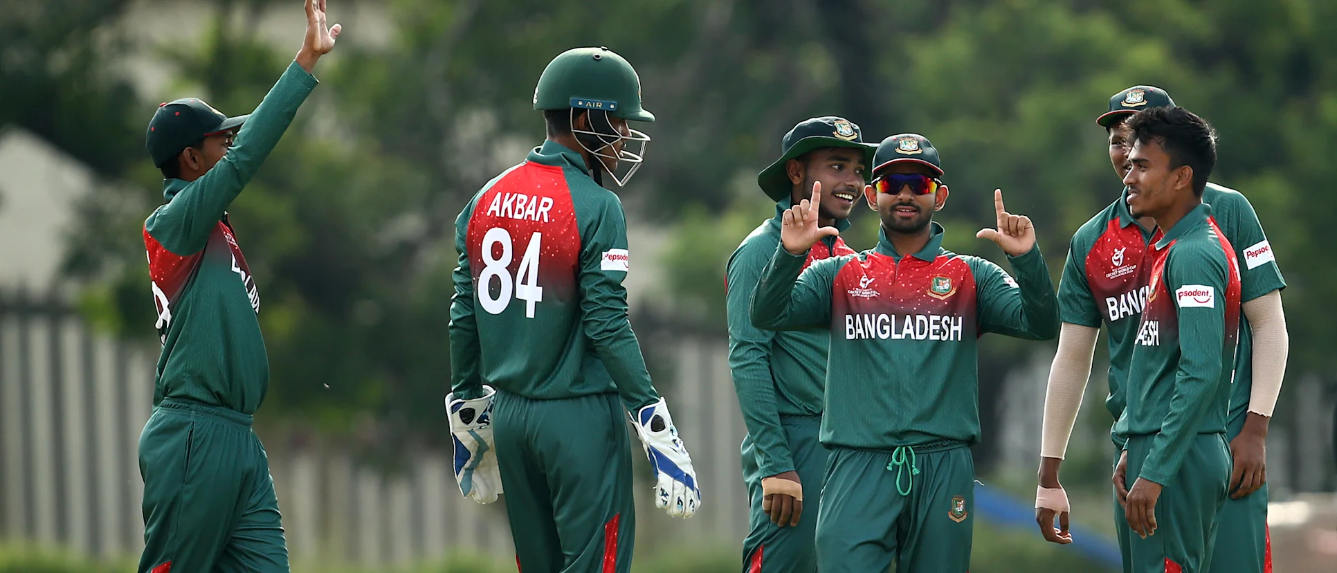 Logo of Bangladesh players celebrate a wicket during the ICC U19 Cricket World Cup warm up match between Bangladesh and Australia at Tuks Cricket Oval on January 13, 2020 in Pretoria, South Africa.