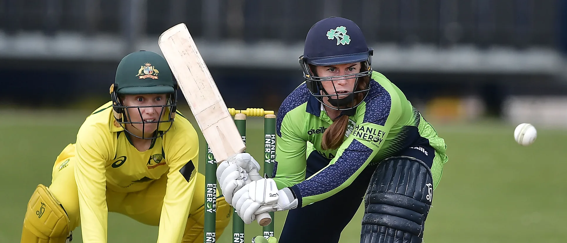 Logo of Mary Waldron of Ireland at bat during the Ireland Women v Australia Women - T20I Tri-Series match