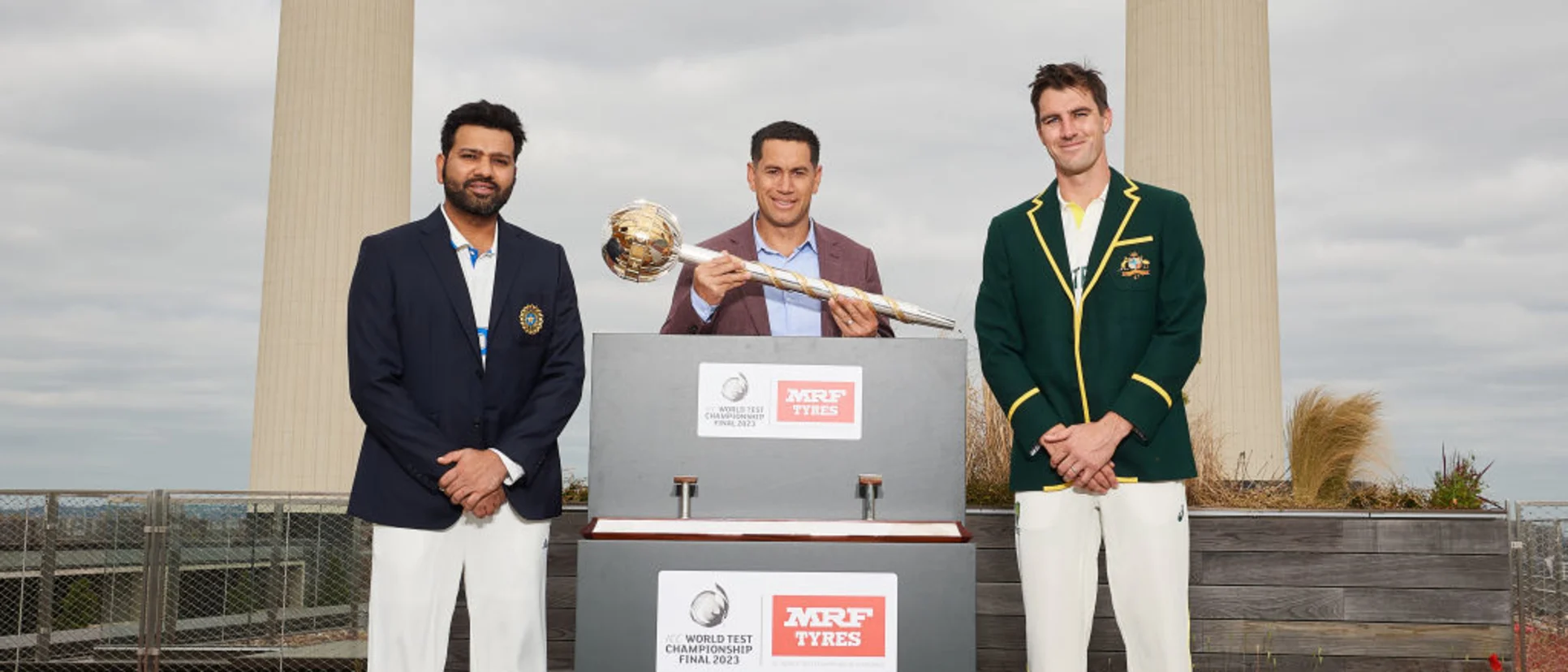 Logo of Rohit Sharma, Ross Taylor and Pat Cummins pose with the ICC World Test Championship mace