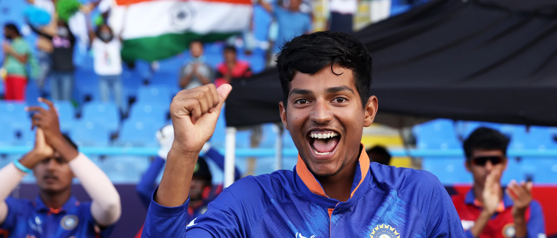 Logo of Yash Dhull of India reacts during the ICC U19 Men's Cricket World Cup Final match between England and India at Sir Vivian Richards Stadium on February 05, 2022 in Antigua, Antigua and Barbuda.