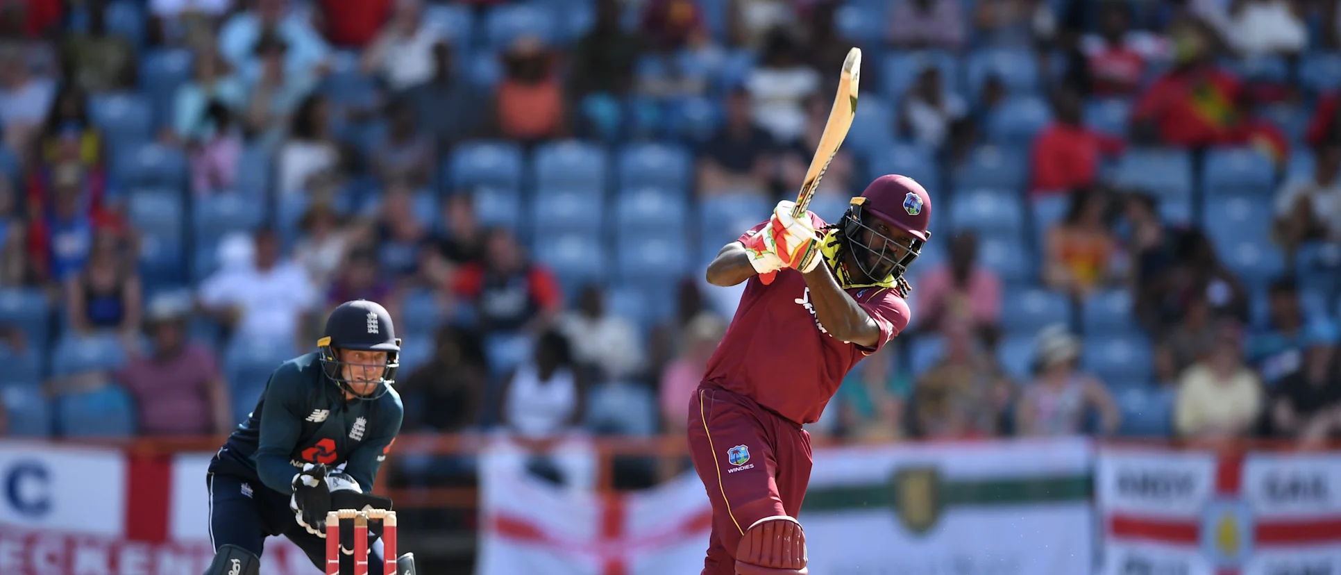 Logo of Chris Gayle aggregated 424 runs in four innings against England in February 2019